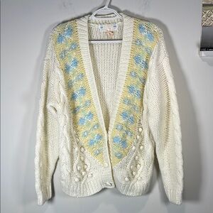 Vintage 80s hand Knit Floral Cardigan with Ribbed Knit